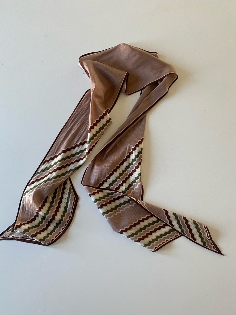 Silky Chevron-Trim Brown Long Scarf